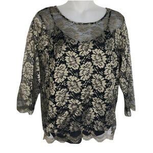 Talbots Womens Blouse Size 2 Top Floral 3/4 Sleeve Black Gold Scalloped Hem Cami